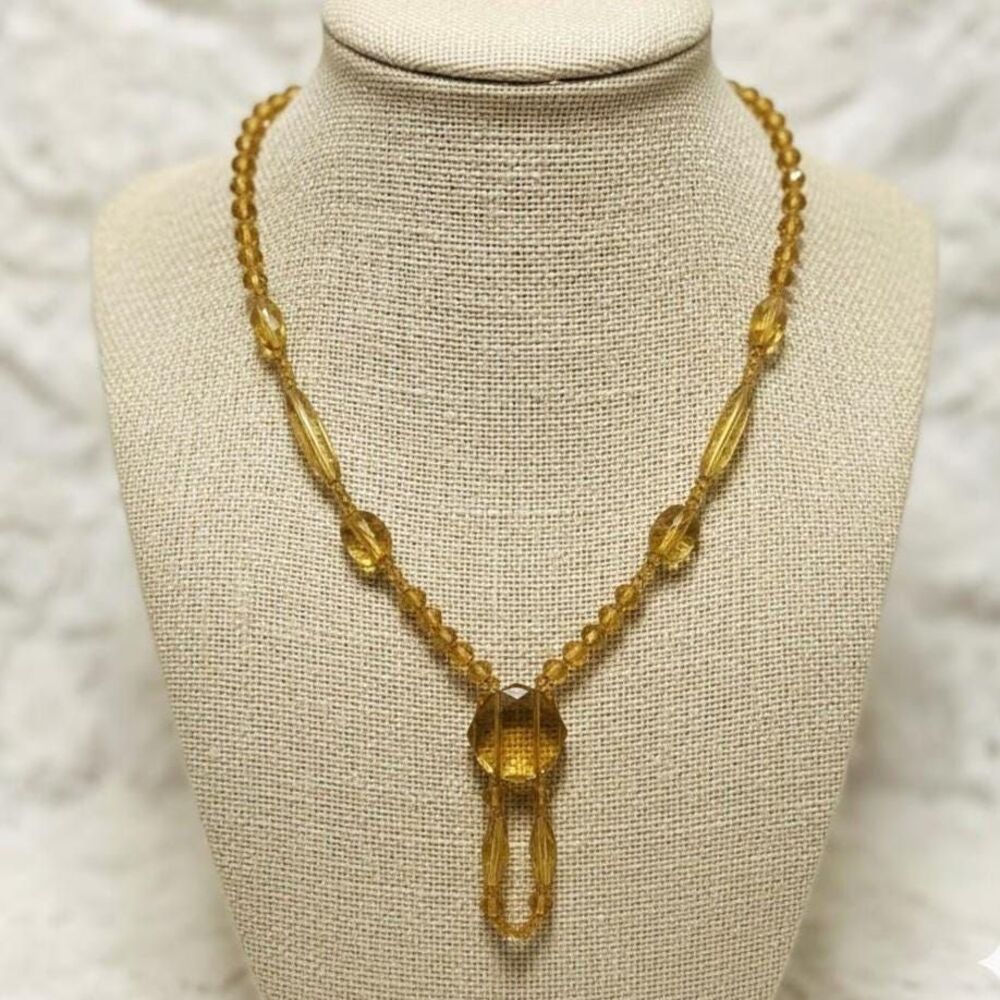 Vintage Amber Glass Necklace Faceted Beads Chain Oval Drop Pendant Art Deco